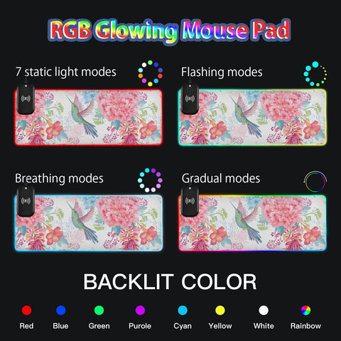 Flowers Birds Wireless Charging Mouse Pad for Mobile Phone Extra Large Gaming Mousepad with 13 Lighting Modes Mouse Mat for Gaming MacBook PC Laptop Desk Home Office