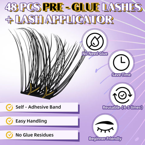 B&Q Self Adhesive Eyelashes 48PCS Reusable Adhesive Eyelashes Pre-Glued Cluster Lashes D Curl No Glue Eyelashes 10-16mm with Lash Tweezers 1 Step DIY Lash Self Stick Easy to Apply (SA04-D,10-16mm)