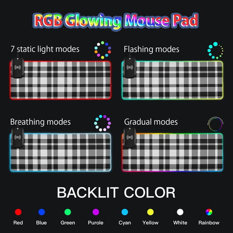 Black White Plaid Buffalo Wireless Charging Mouse Pad for Mobile Phone Extra Large Gaming Mousepad with 13 Lighting Modes Mouse Mat for Gaming MacBook PC Laptop Desk Home Office