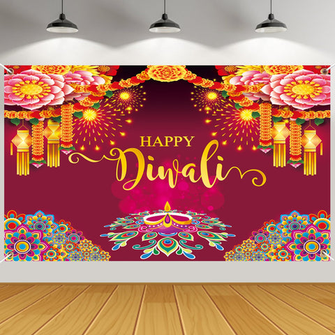 JULMELON 1PCS Happy Diwali Backdrop Banner, 150x90 cm Festival of Lights Diwali Decorations Party Banner, Backdrop for Happy Diwali Party Indian Deepavali Lights Diyas Decor Supplies
