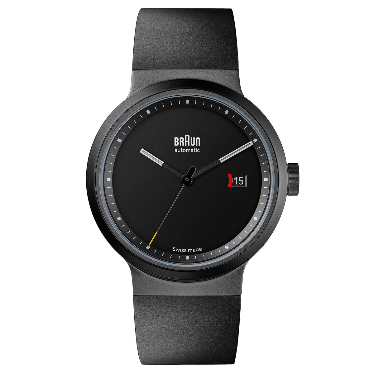 Braun Swiss Made 3-hand Automatic Analogue Mens Watch with Date, Black Dial and Black Rubber Strap, 40mm Gun Metal Gray Stainless Steel Case, model BN0279BKGNG