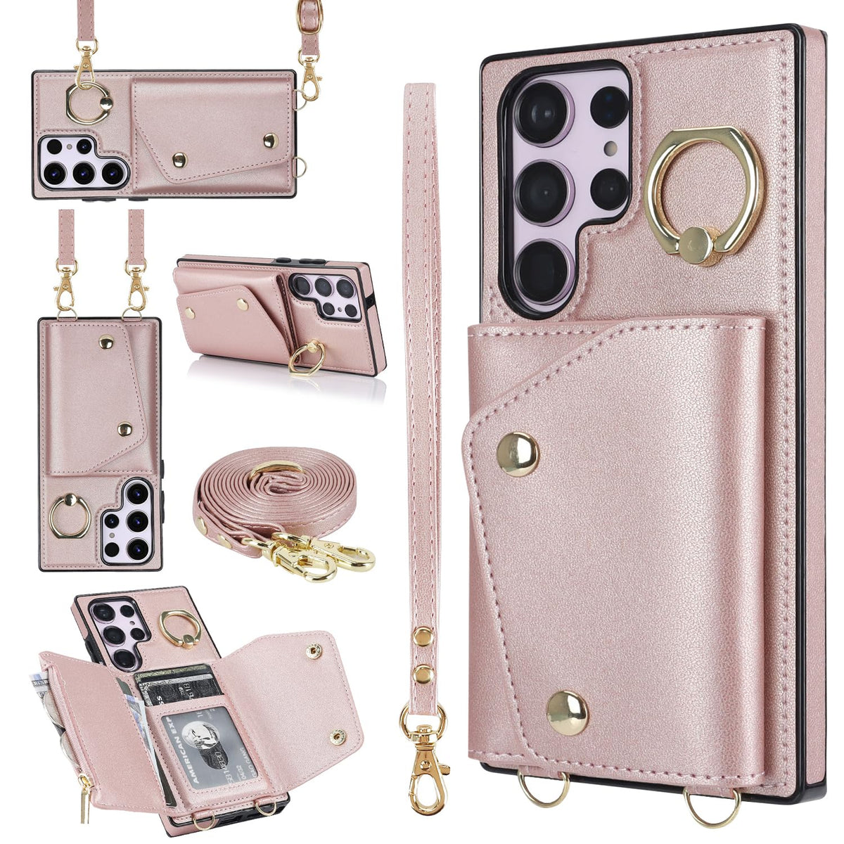 XIMAND for Samsung Galaxy S24 Ultra Luxury Zipper Wallet Case with Ring, Multi Card Holder Adjustable Crossbody Strap, Fashion Wallet Bag.(Rosegold)