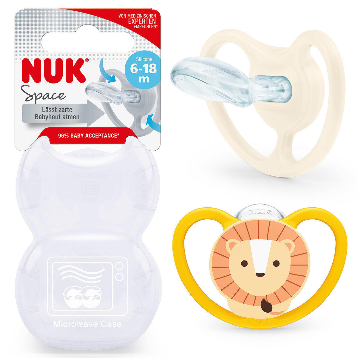 NUK Space Baby Dummy | 6-18 Months | Soothers with Extra Ventilation for Sensitive Skin | BPA-Free Silicone | Lion | 2 Count