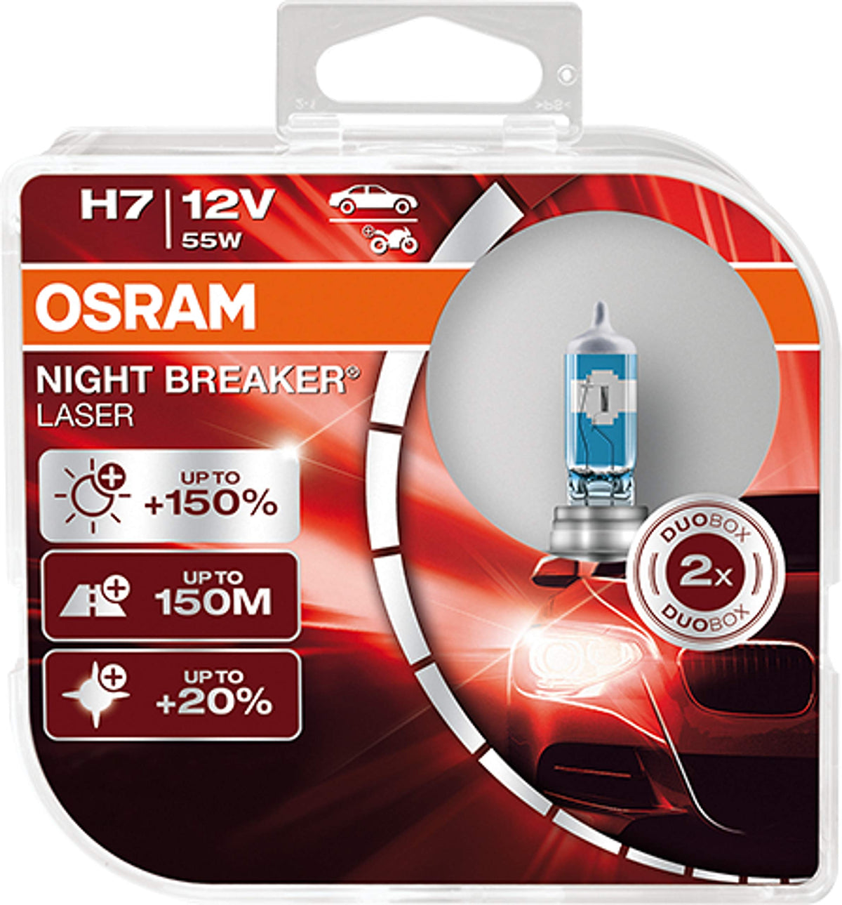 OSRAM NIGHT BREAKER LASER H7, +150% more brightness, halogen headlight lamp, 64210NL-HCB, 12V, duo box (2 lamps)