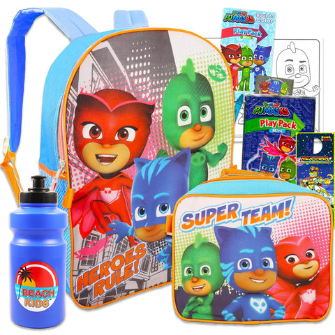 PJ Masks School Backpack With Lunch Box For Kids ~ 6 Pc Bundle With 16" PJ Masks School Bag, Lunch Bag, Water Bottle, Stickers, And More (PJ Masks School Supplies)