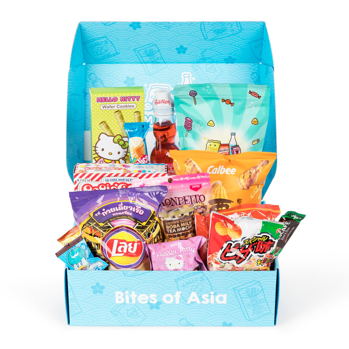 Mashi Box Deluxe Asian Dagashi Snack Box - 55 Pieces - 6 FULL SIZED ITEMS, Comes with Ramune Drink, Asian Noodles, Asian Chips, Asian Candy