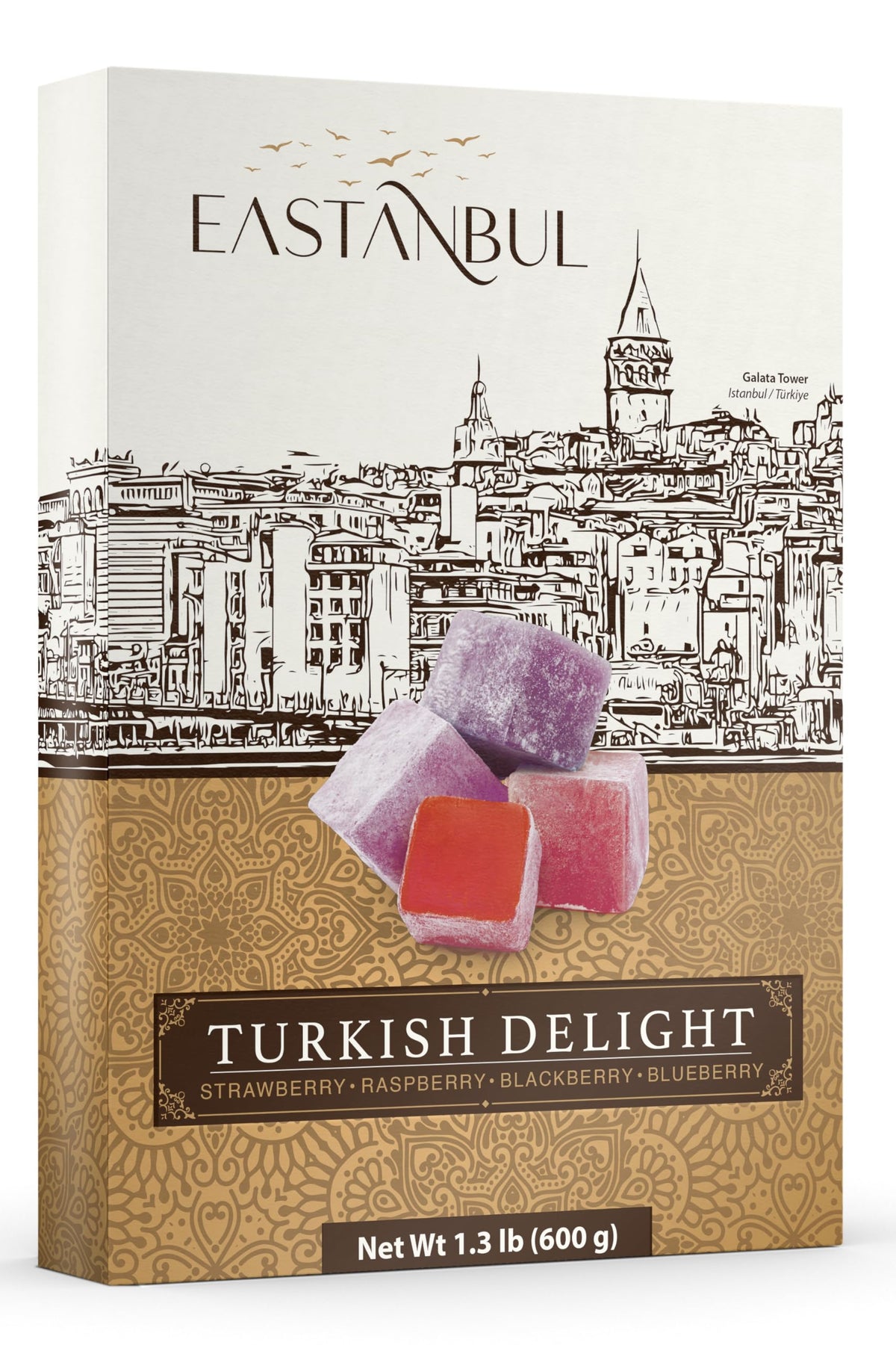 Eastanbul Lokum Traditional Turkish Delight with Strawberry, Raspberry, Blackberry, and Blueberry Flavor - Turkish Delights Candy Loukoumi - Mild Candy Gift Box Loqum - 1.3lb (600g)- 64 pieces