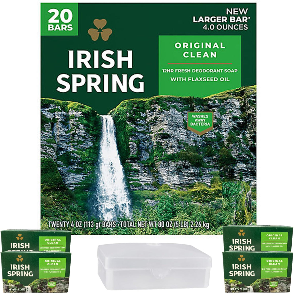 Generic Irish Spring Bar Soap, 20 Pack Large 4 oz Bars, With Bools Bar Soap Holder, Original Clean, Smell Fresh and Clean for 12 Hours,