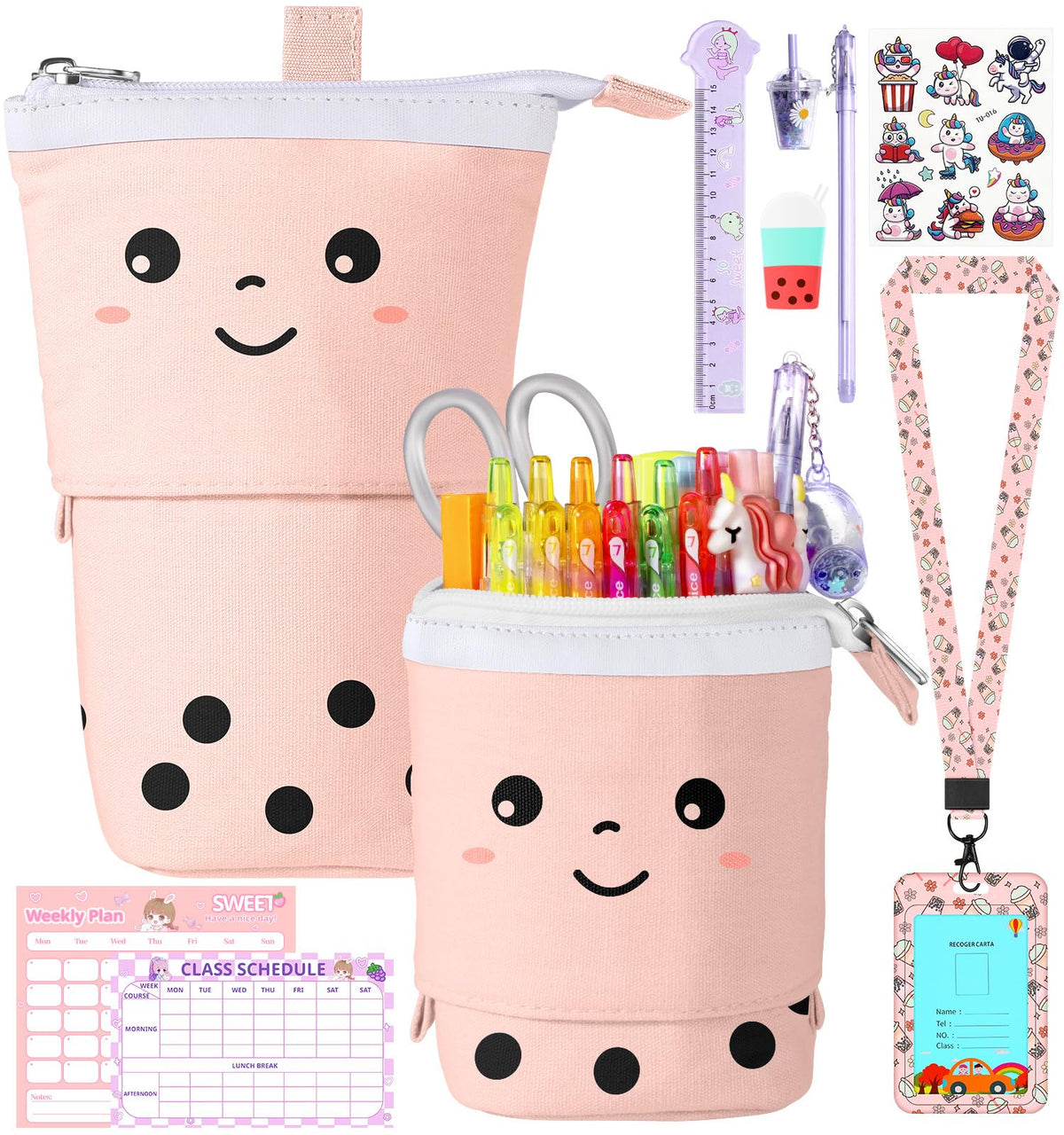 LISEVO Cute Pencil Case for Girls, Boba Standing Up Pencil Bag Pouch Holder for Students Teens, Japanese Back to School Supplies Stationary Bags Set, Pen Holder Box Christmas Choice for Girl