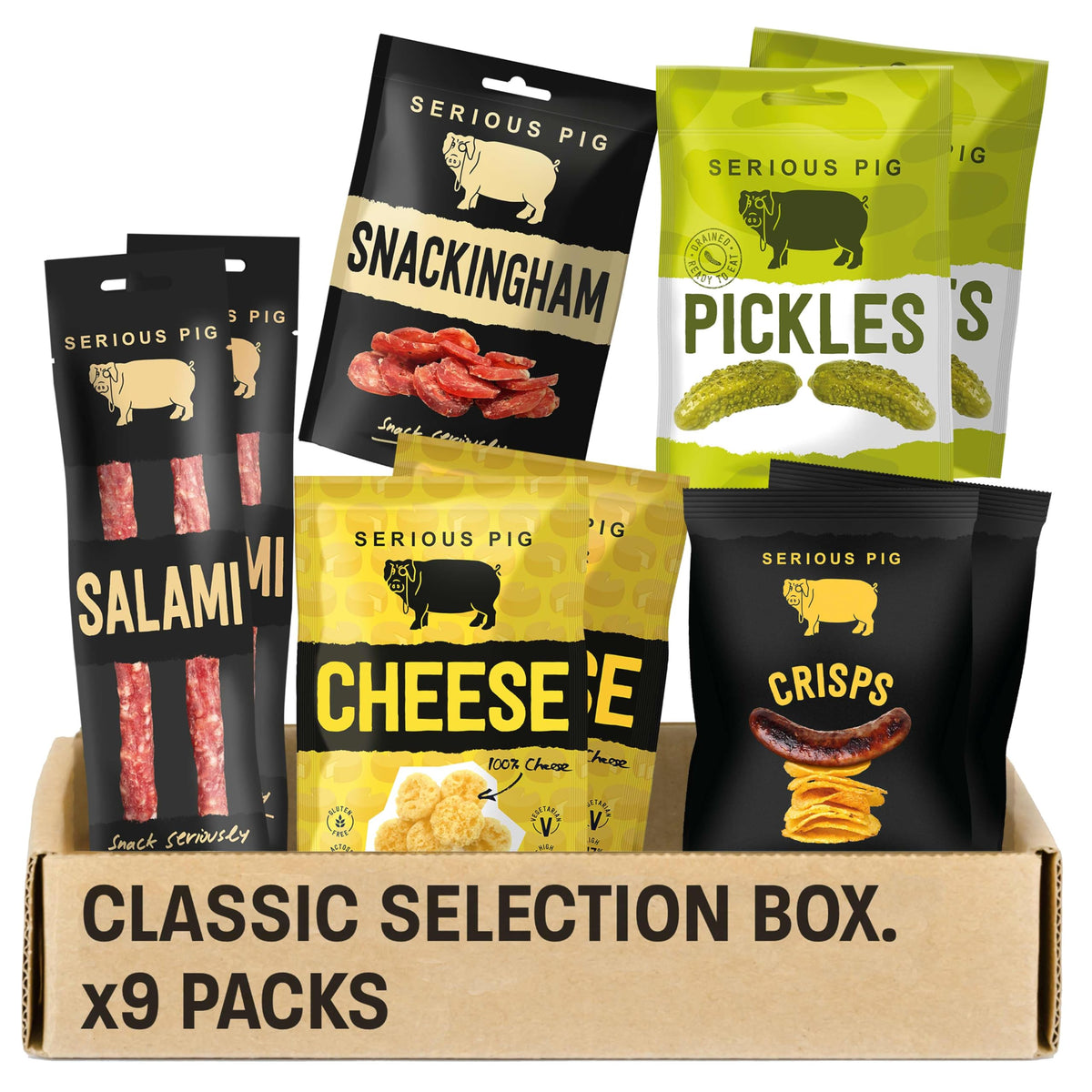 Serious Pig Classic Selection Gift Box with Cheese Crisps, Salami Snacks, Pickles & More Gourmet Hamper