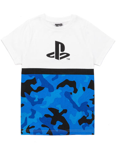 PlayStation Kids T-Shirt Camo Boys Blue White Logo Game Short Sleeve Top 5-6 Years