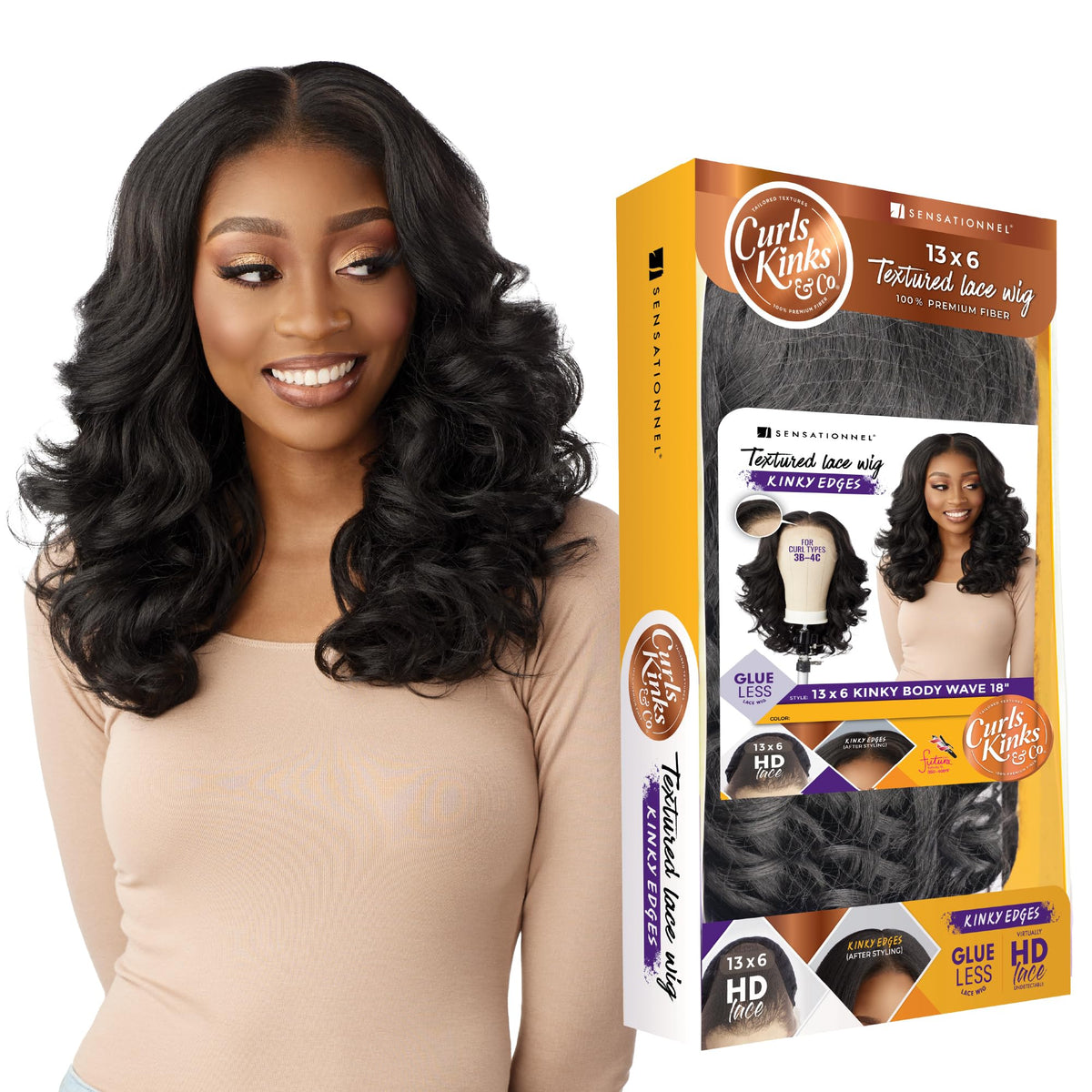 Sensationnel Kinky Edge 13x6 Lace Wigs - Kinky Edge Body Wave 18-inch glueless synthetic wig - CKCO Kinky Edge Body Wave 18 Inch (1 JETBLACK)