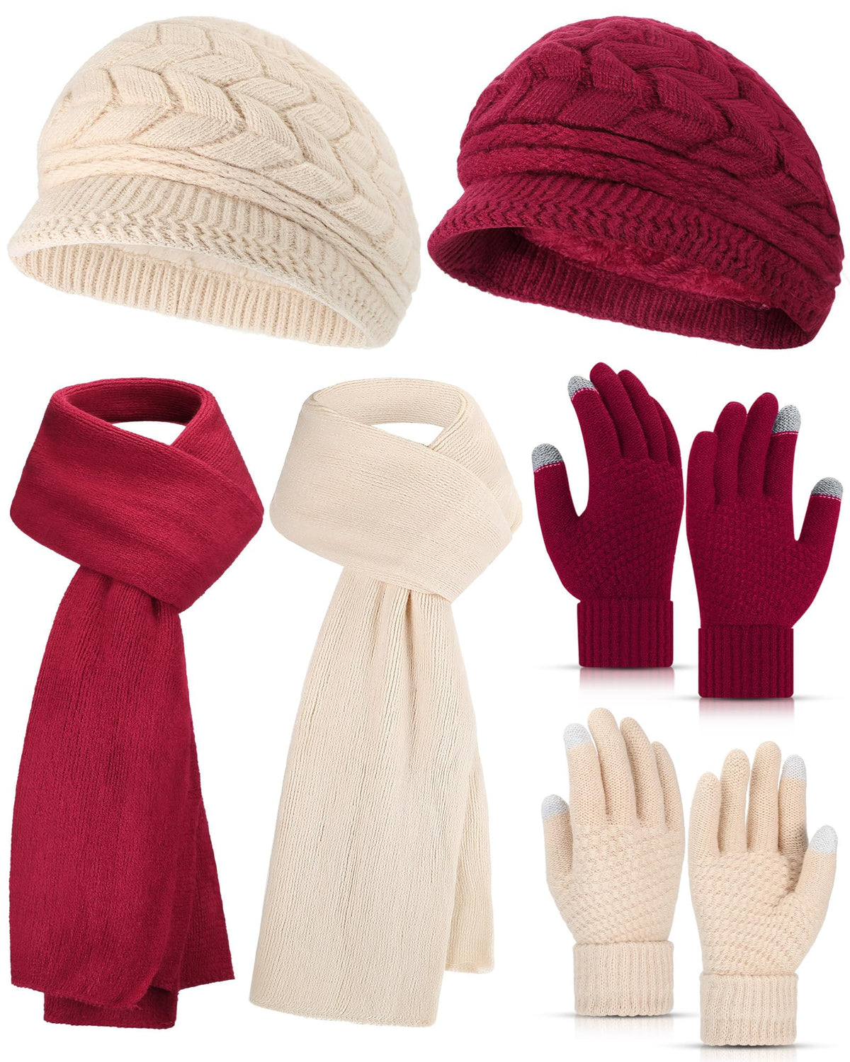 6 Pcs Winter Hat Gloves Scarf Set for Women Warm Knitted Beanie Hat Mittens Scarves Slouchy Visor Hats Scarf Gloves (Beige, Date Red)