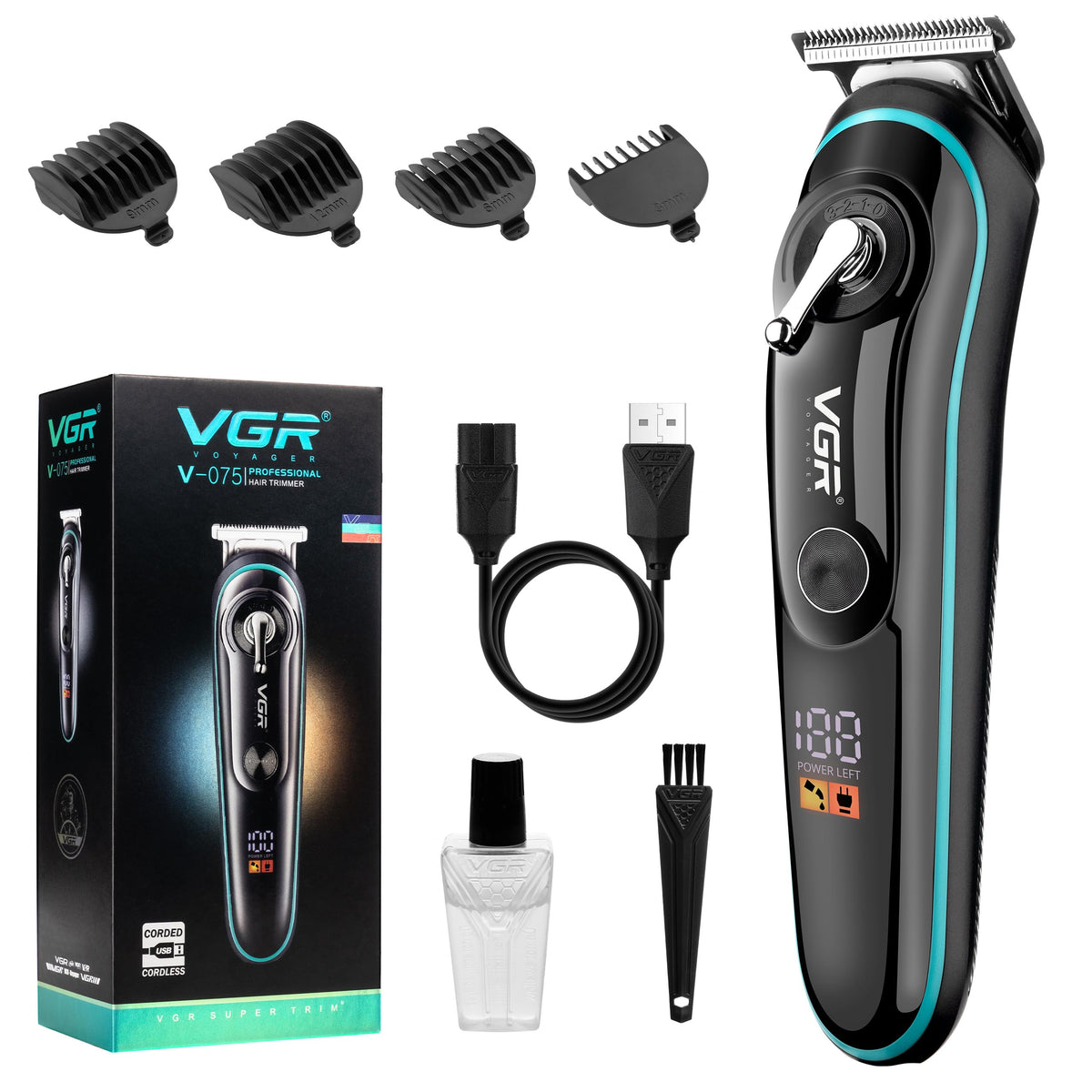 VGR Beard Trimmer - Cordless Hair Clippers for Men Haircut with Taper Lever - Rechargeable 120 min - T Blade Electric Detailer for Sideburns, Moustache, Bald Head