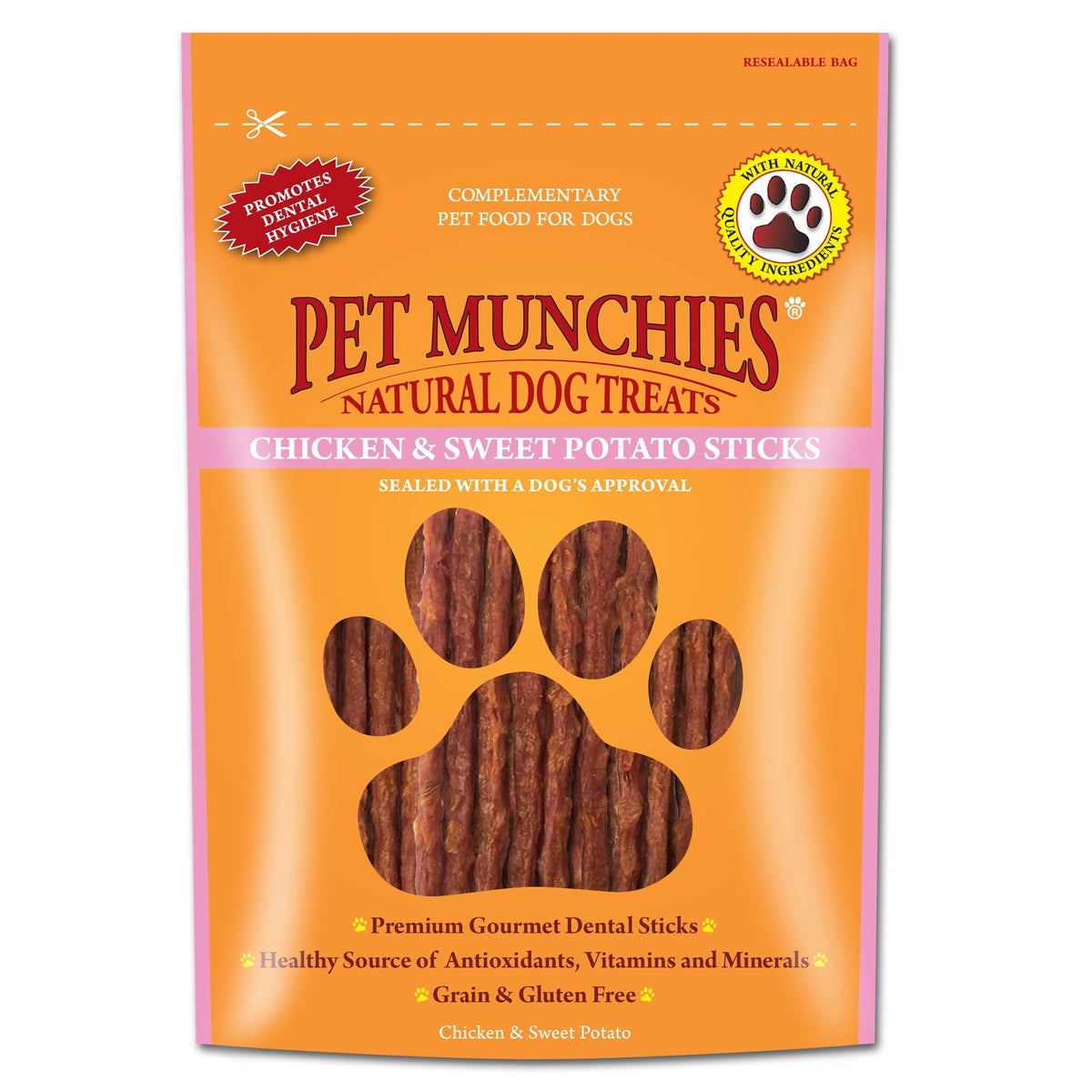 Pet Munchies Chicken and Sweet Potato Dog Treats, Healthy Grain Free Dental Sticks with Natural Real Meat 90g (Pack of 8)