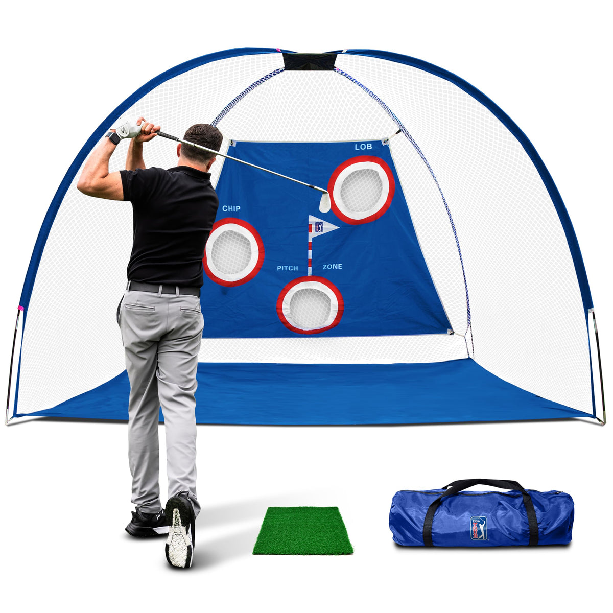 PGA TOUR Pro Size Golf Net for Home - Multi Target Golf Practice Net with Carry Bag, Impact Absorbing Netting, Easy Assembly, Indoor/Outdoor Golf Nets for Garden - Includes Hitting Mat- Height 214cm/7ft - Width 305cm/10ft - Depth 153cm/5ft