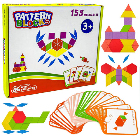 WhizBuilders Wooden Pattern Blocks Shape Puzzle Tangram, Montessori Homeschool Kindergarten STEM Toys, Learning Educational Autism Games Activities for Kids Toddlers Girls Boys, 155 Pcs
