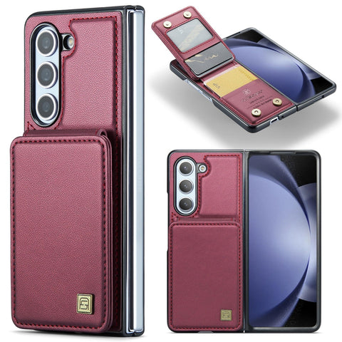 XIMAND for Samsung Galaxy Z Fold 6 Wallet Case with 4 Credit Card Holde and RFID Blocking, Premium Durable Leather Magnetic Clasp Kickstand Heavy Duty Shockproof Protective Cover.Wine