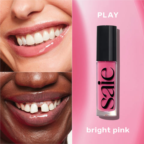 Saie Glossybounce High-Shine Hydrating Lip Oil Gloss - Non-Sticky, Sheer Tinted Lip Gloss with Hyaluronic Acid + Jojoba Oil for Long-Lasting Moisture - Play (.17 oz)