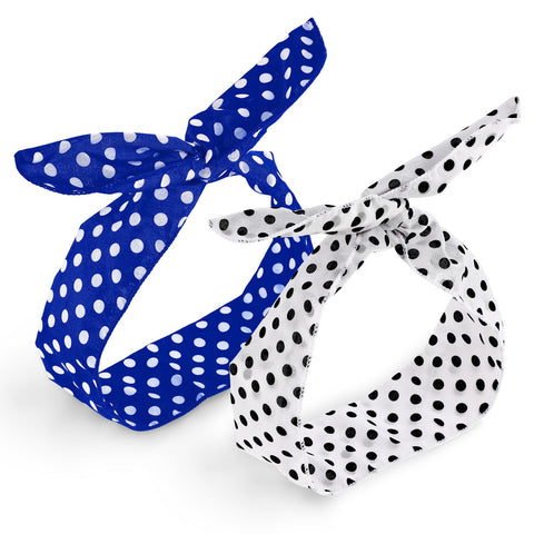 Prasacco 2 Pieces Polka Dot Headbands for Girls Women, Retro Bandana Headbands Cute Polka Dots Bow Headwrap Hair Accessories for Women and Girls(Blue+White)