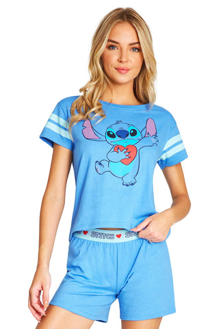 Disney Stitch Womens Pyjamas Short PJs for Women Sets Two Piece Eeyore Nightwear Sleepwear Stitch Gifts (Blue Stitch, L)