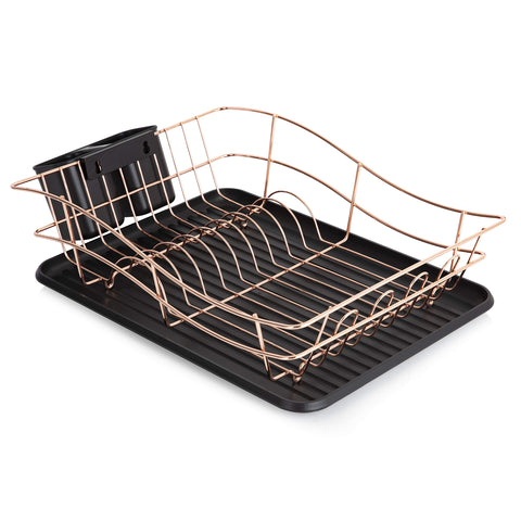 Tower T81400RB Dish Rack with Tray and 2 Removable Cutlery Holders, Stainless Steel, Black and Rose Gold, Large
