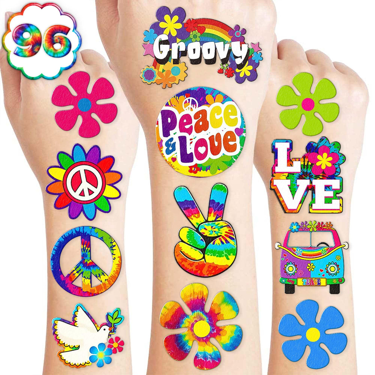 8 Sheets (96PCS) 60s Temporary Tattoos Theme Tie Dye Hippie Birthday Party Decorations Favors Supplies Stickers For Adults Kids Gifts Classroom School Prizes Rewards