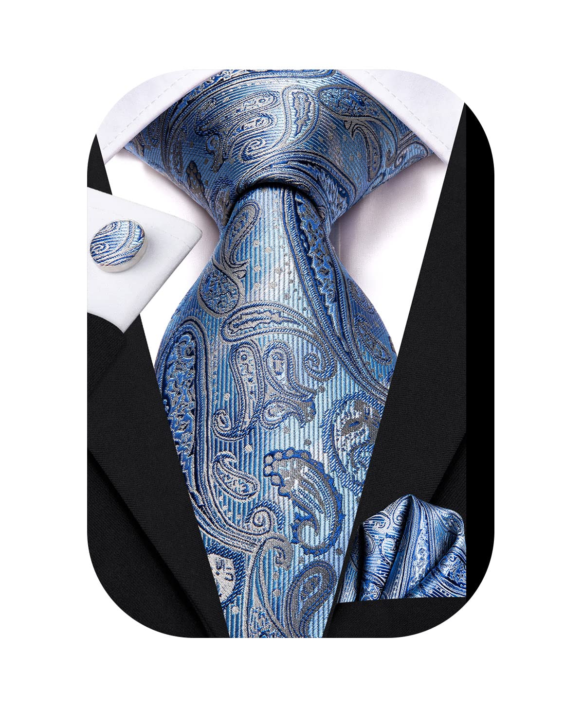 Hi-Tie Ice Blue Gray Big and Tall Dress Ties for Men Silk Paisley Extra Long Neckties Set Hanky Cufflinks Casual Tie