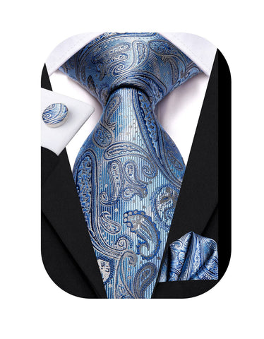 Hi-Tie Ice Blue Gray Big and Tall Dress Ties for Men Silk Paisley Extra Long Neckties Set Hanky Cufflinks Casual Tie