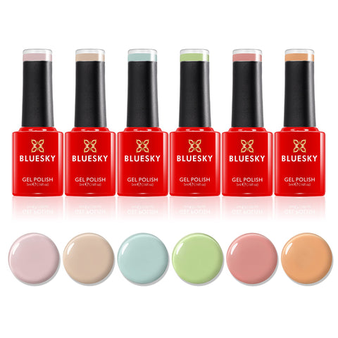 Bluesky Gel Nail Polish Set - Spring 2023, 6 x 5 ml Gel Nail Polishes, Pink, Blue, Nude, Green, Pastel, Purple, Coral (Requires Curing Under UV/LED Lamp)