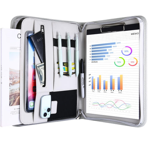 ProCase Portfolio Business Padfolio Folder with Zipper, Conference Meeting Executive File Legal Document Organizer with Pockets Letter Size A4 Writing Pad Notepad Padfolio for Father's Day -Grey