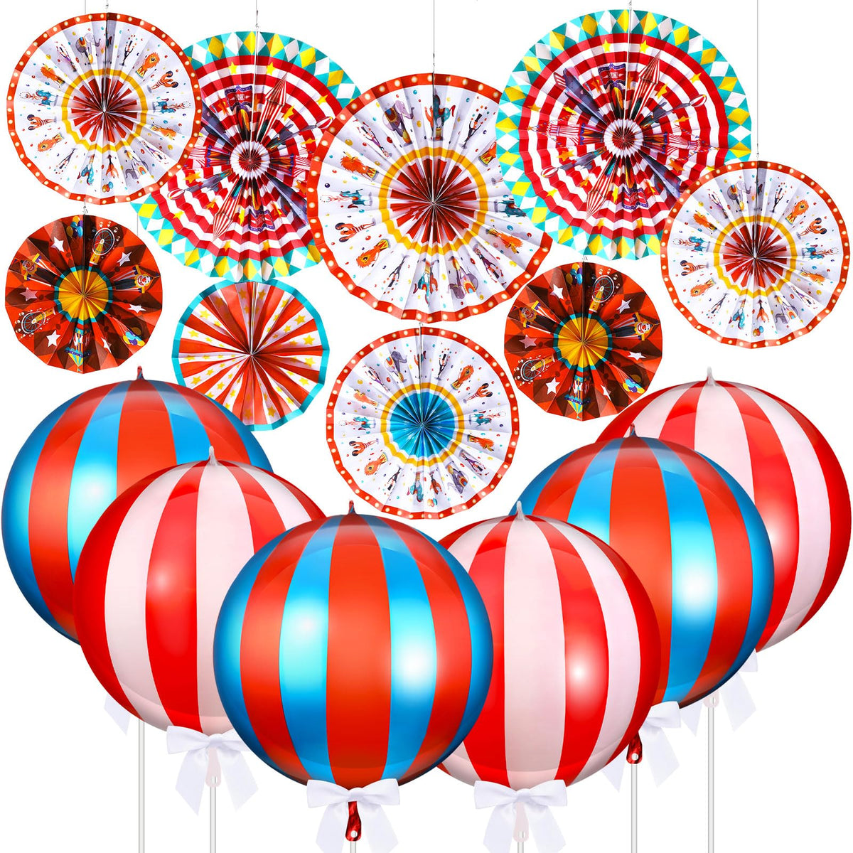 Outus Carnival Decorations for Party with 9 Carnival Paper Fan Decorations and 6 4D Carnival Balloons in Blue Red White Striped Carnival Circus Theme Party Decorations for Birthday Festive Events