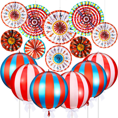 Outus Carnival Decorations for Party with 9 Carnival Paper Fan Decorations and 6 4D Carnival Balloons in Blue Red White Striped Carnival Circus Theme Party Decorations for Birthday Festive Events