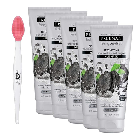 Charcoal Mud Mask, 6 fl oz - & Moisturize Mud Mask with Activated Charcoal, Includes Moofin Nose Cleaning Brush, Black Sugar & Vitamin E, All Skin Types, Face Mud Mask (Pack of 5)