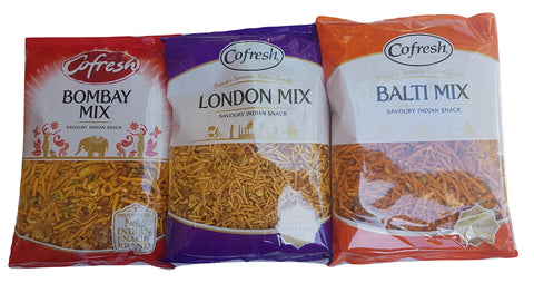 Indian Snacks Selection, Bombay, Balti, London Mix 3 x 325g Large Bags Party Set Cofresh from Kingdom Supplies