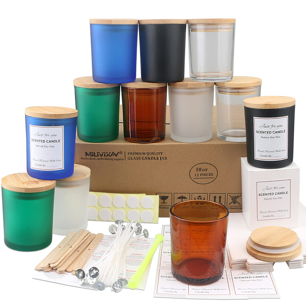 MILIVIXAY 12 Pack 10 OZ Multicolored Glass Candle Jars with Lids and Candle Making Kits - Bulk Empty Candle Jars for Making Candles - Spice, Powder Containers.