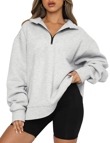 Trendy Queen Womens Oversized Sweatshirts Fall Fashion Hoodies Half Zip Pullover Long Sleeve Shirts Clothes Outfits Grey XXL