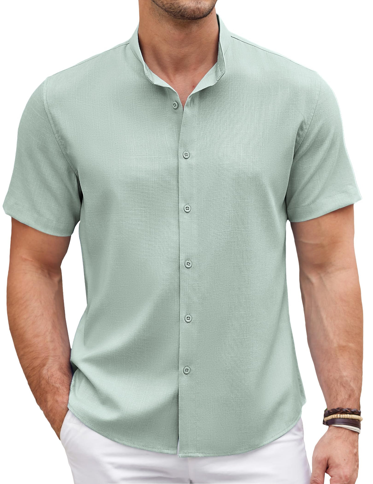 COOFANDY Men's Banded Collar Shirt Stand Collar Cotton Oxford Button Down Shirts Light Green