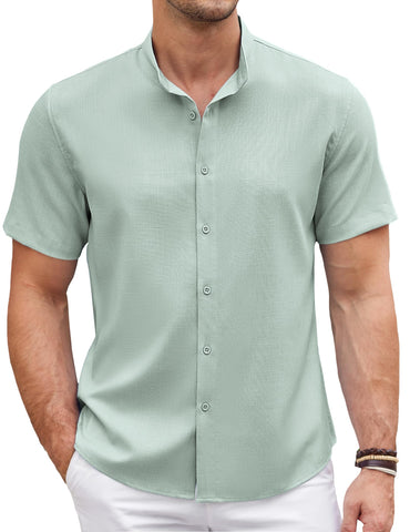 COOFANDY Men's Banded Collar Shirt Stand Collar Cotton Oxford Button Down Shirts Light Green