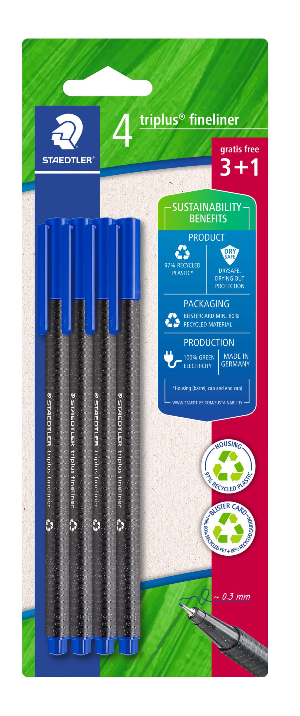 Staedtler - Triplus fineliner 334 - Blister pack of 4 triangular felt-tip pens - Superfine tip 0.3 mm blue - Made of 97% recycled plastic - 334 R-3BK4