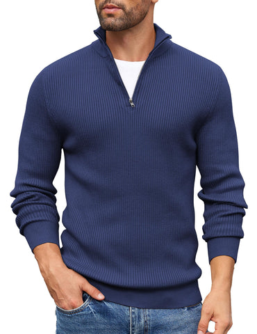 COOFANDY Mens Quarter Zip Pullover Slim Fit Stand Collar Ribbed Sweaters Lightweight Casual Fashion Sweater, Navy Blue, Large