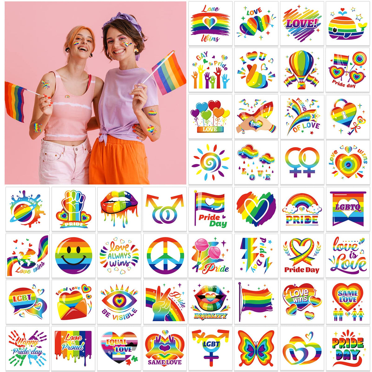 HOWAF 96pcs Gay Pride Temporary Tattoos, Pride Day Party Decorations Face Tattoos, LGBT Fake Tattoos Stickers for Rainbow Party Pride Month Parades and Celebrations Decorations, Love is Love Temporary Tattoos for Adults