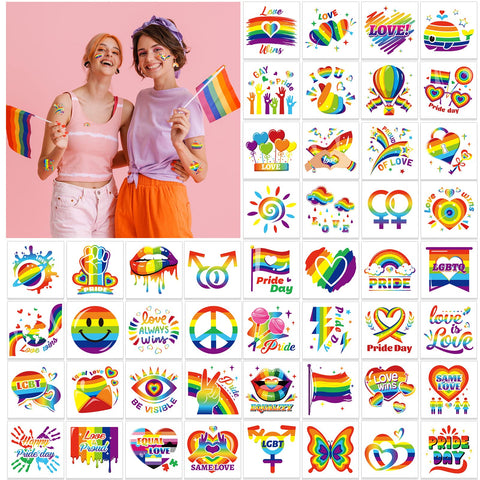 HOWAF 96pcs Gay Pride Temporary Tattoos, Pride Day Party Decorations Face Tattoos, LGBT Fake Tattoos Stickers for Rainbow Party Pride Month Parades and Celebrations Decorations, Love is Love Temporary Tattoos for Adults