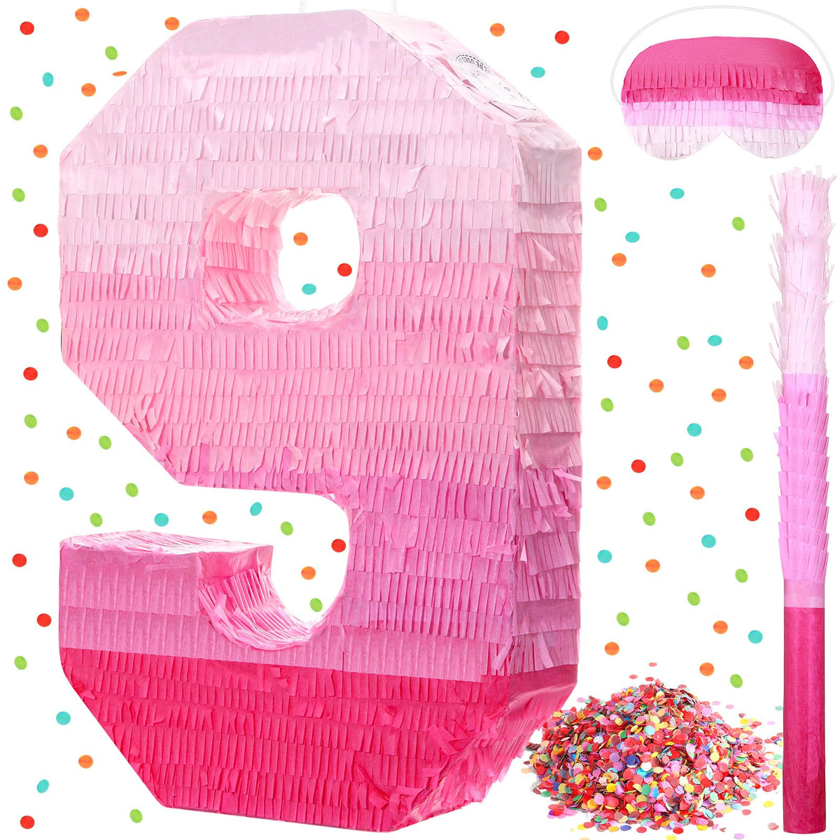 Number 1 Pinata First Birthday Pinata Decorations Gradient Pink Pinata with Stick Blindfold Confetti for Girls Boys Birthday (Number 9)