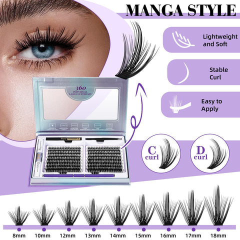 Lash Extension Kit 360 Pcs 40D 8-18 Mixed Eyelash Extensions Kit Individual Lashes Extension kit DIY Lash Clusters Kit with Lash Bond and Seal Eye Lash Extension Kit at Home(Mkit-40D-C-8-18)