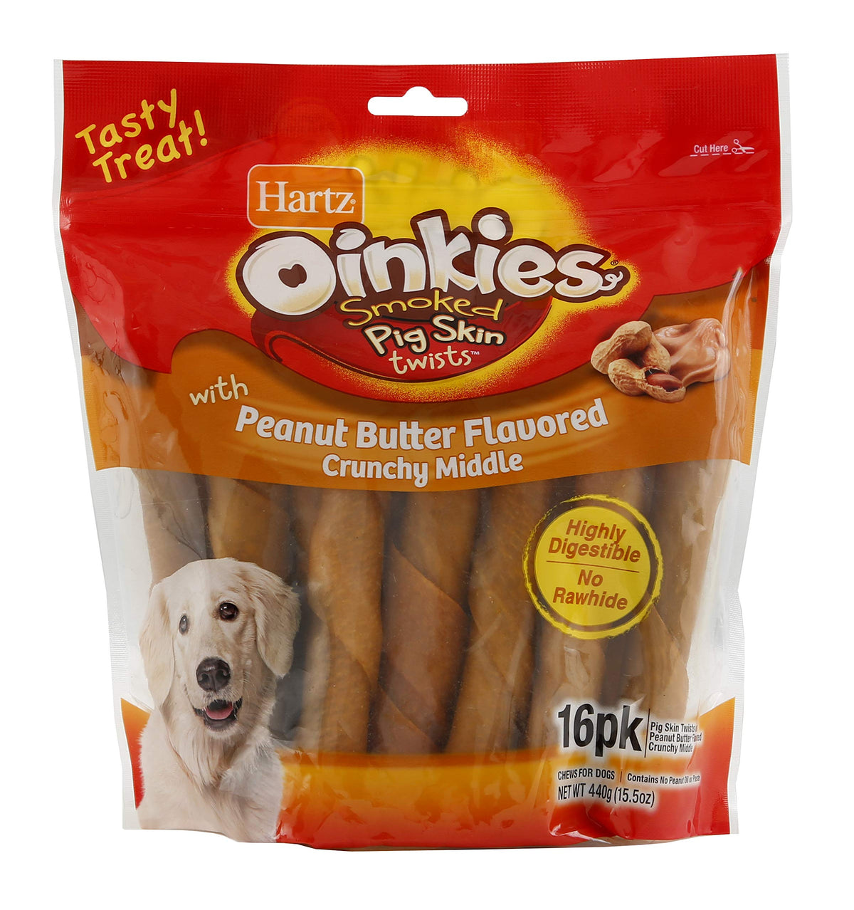 Hartz Oinkies Natural Smoked Pig Skin Twist Peanut Butter Stuffed Dog Treat Chews - 16 Pack - 3270015588