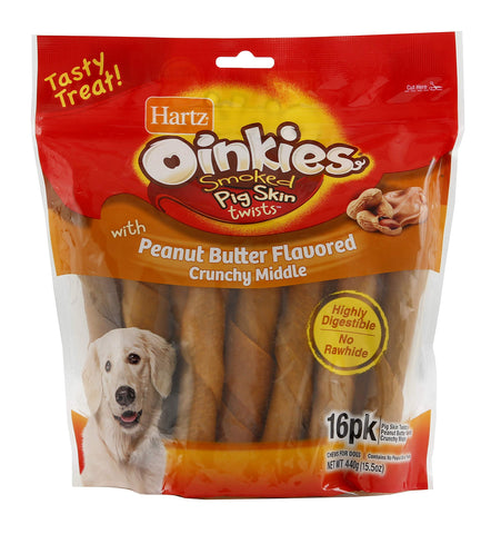 Hartz Oinkies Natural Smoked Pig Skin Twist Peanut Butter Stuffed Dog Treat Chews - 16 Pack - 3270015588