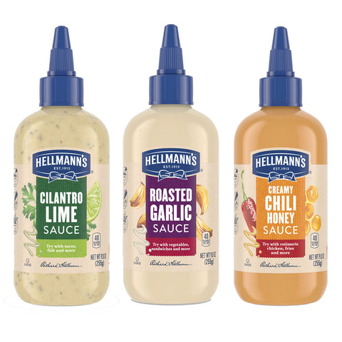 Hellmann's Drizzle Sauce for an exciting Condiment, Dip, Drizzle and Dress Mixed, Gluten Free, Dairy Free, No Artificial Flavors, No High-Fructose Corn Syrup 9 oz, Variety Pack of 3