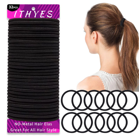 Ithyes 32Pcs Hair Bands for Women Thick Hair,4mm Elastic Hair Ties for Girl,Black Hair Band Ponytail Holders,Hair Bobbles for Girls Men,Rubber Bands for Hair,Hair Accessories,Scrunchies for Women