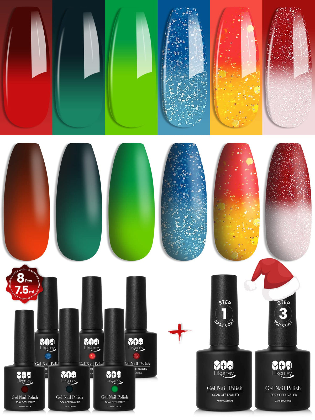 YTD Likomey Color Changing Gel Nail Polish Set,6 Colors with Base and Top Coat,Mood Temperature Change Colors Fall Winter Halloween Red Green Blue Yellow Orange Ombre Thermal UV Gel Kit,8 Pcs 7.5 ml